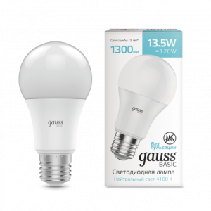 Лампа Gauss Basic A60 13,5W 1300lm 4100K Е27 LED 1/10/50